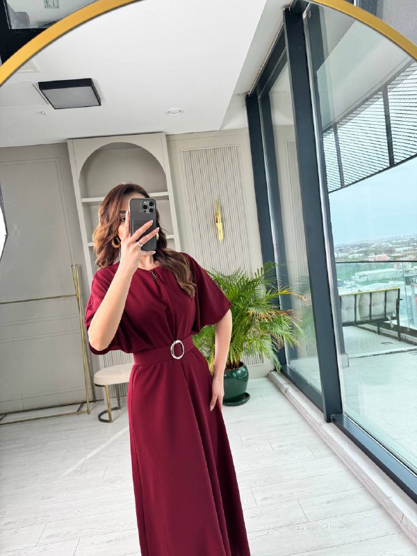 Bordo%20Kemerli%20Yarasa%20Kol%20Tok%20Krep%20Kumaş%20Elbise
