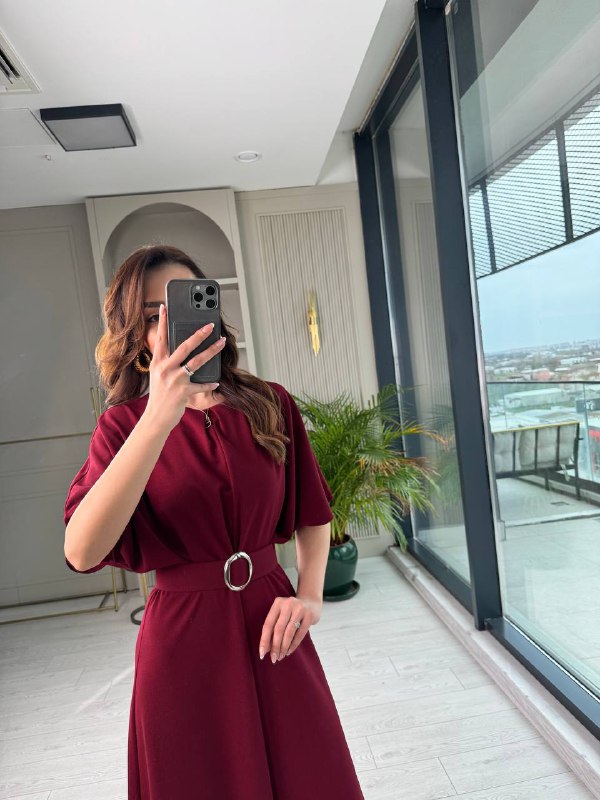 Bordo%20Kemerli%20Yarasa%20Kol%20Tok%20Krep%20Kumaş%20Elbise