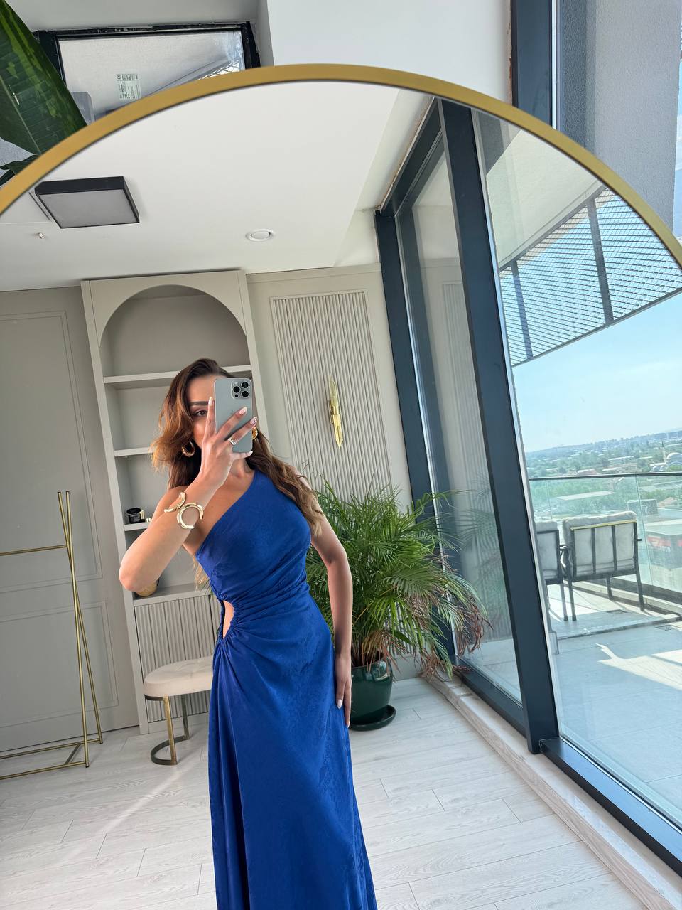 Tasarım%20Saks%20Mavi%20Jakarlı%20Saten%20Bel%20Detay%20Elbise