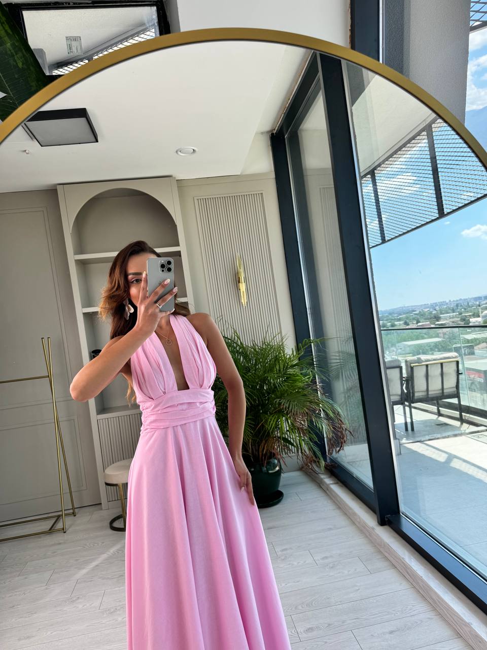 Tasarım%20Pembe%20Astarlı%20%100%20Pamuklu%20Boyundan%20Bağlamalı%20Elbise
