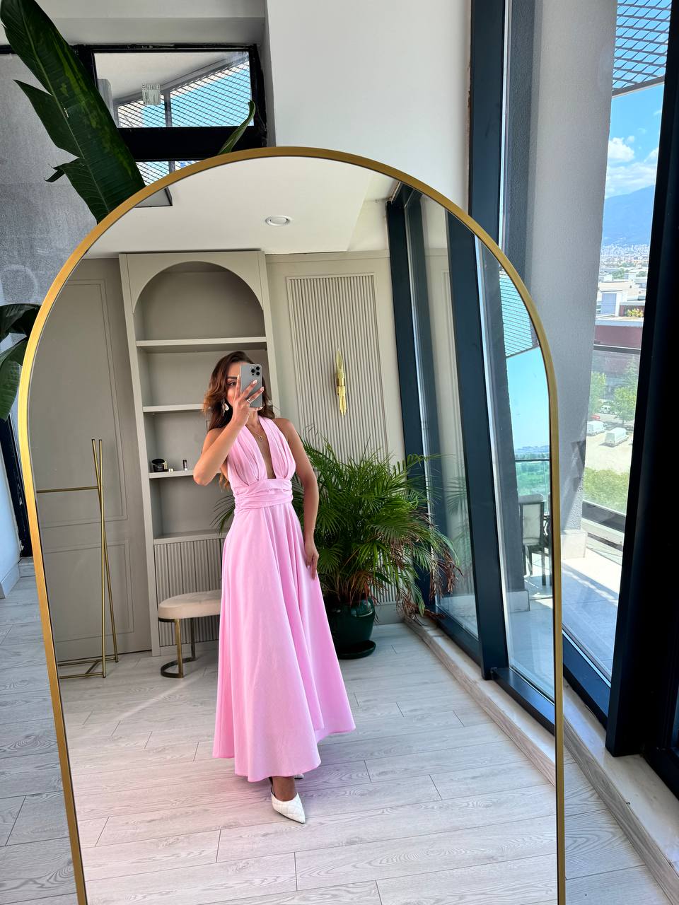 Tasarım%20Pembe%20Astarlı%20%100%20Pamuklu%20Boyundan%20Bağlamalı%20Elbise