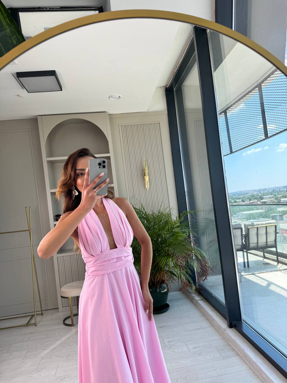 Tasarım%20Pembe%20Astarlı%20%100%20Pamuklu%20Boyundan%20Bağlamalı%20Elbise