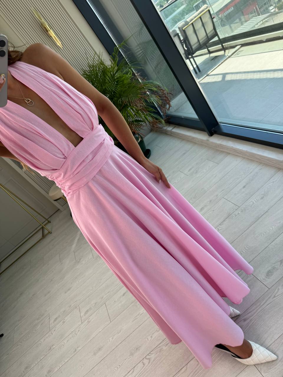 Tasarım%20Pembe%20Astarlı%20%100%20Pamuklu%20Boyundan%20Bağlamalı%20Elbise