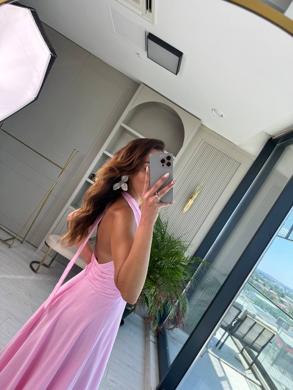 Tasarım%20Pembe%20Astarlı%20%100%20Pamuklu%20Boyundan%20Bağlamalı%20Elbise