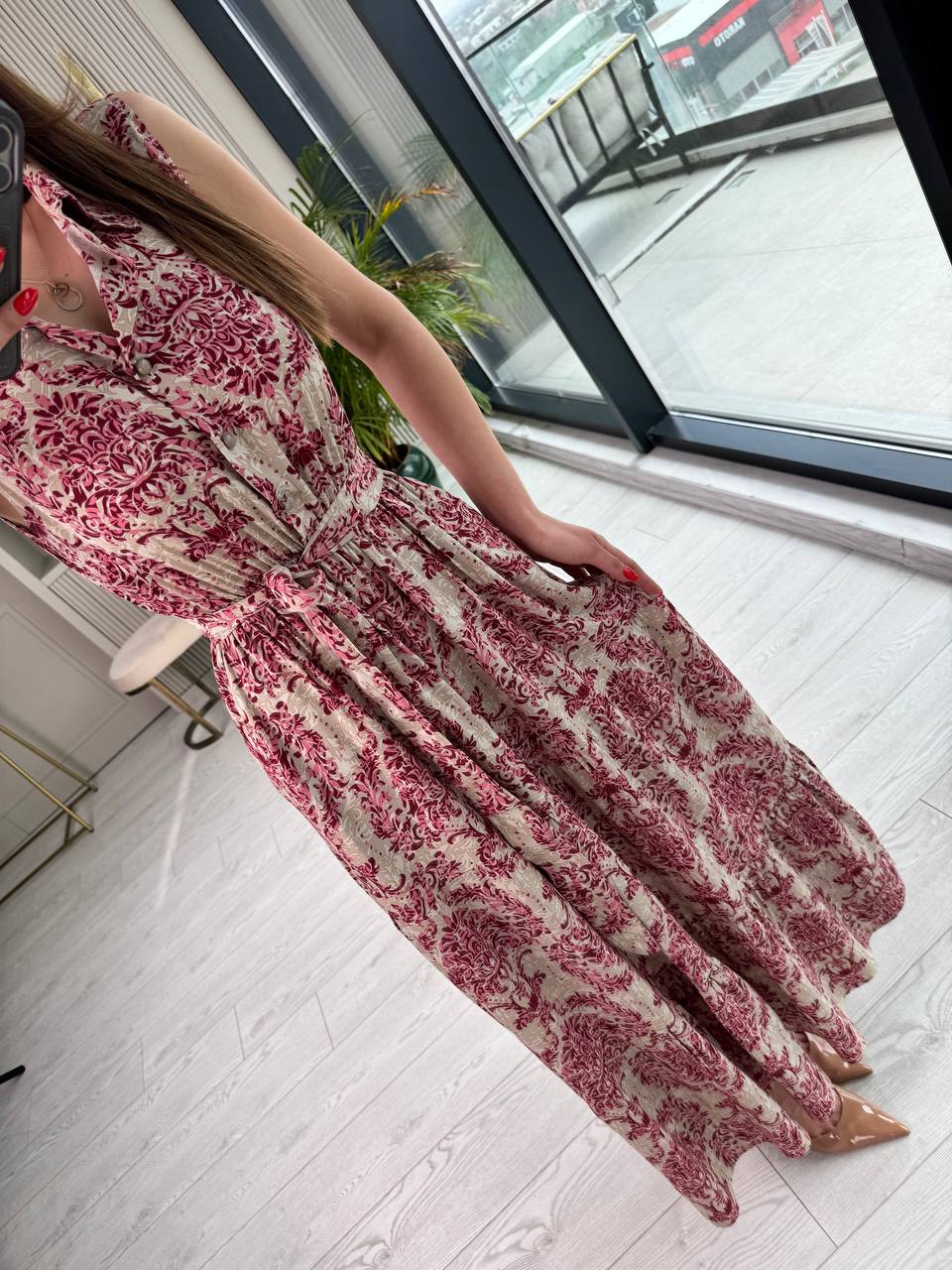 Pembe%20Desenli%20Beli%20Lastikli%20Cepli%20Pamuklu%20Viskon%20Kumaş%20Elbise