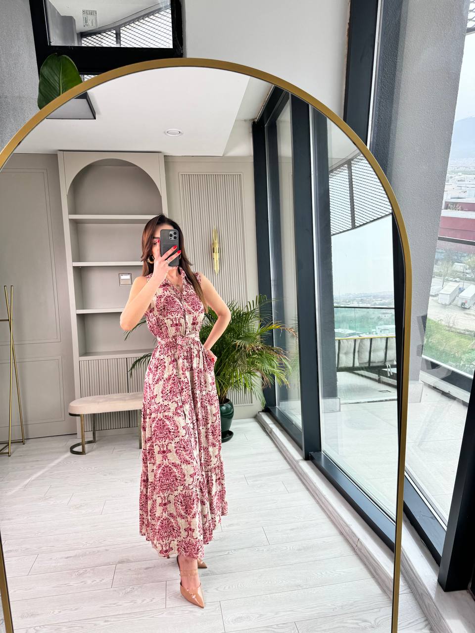 Pembe%20Desenli%20Beli%20Lastikli%20Cepli%20Pamuklu%20Viskon%20Kumaş%20Elbise