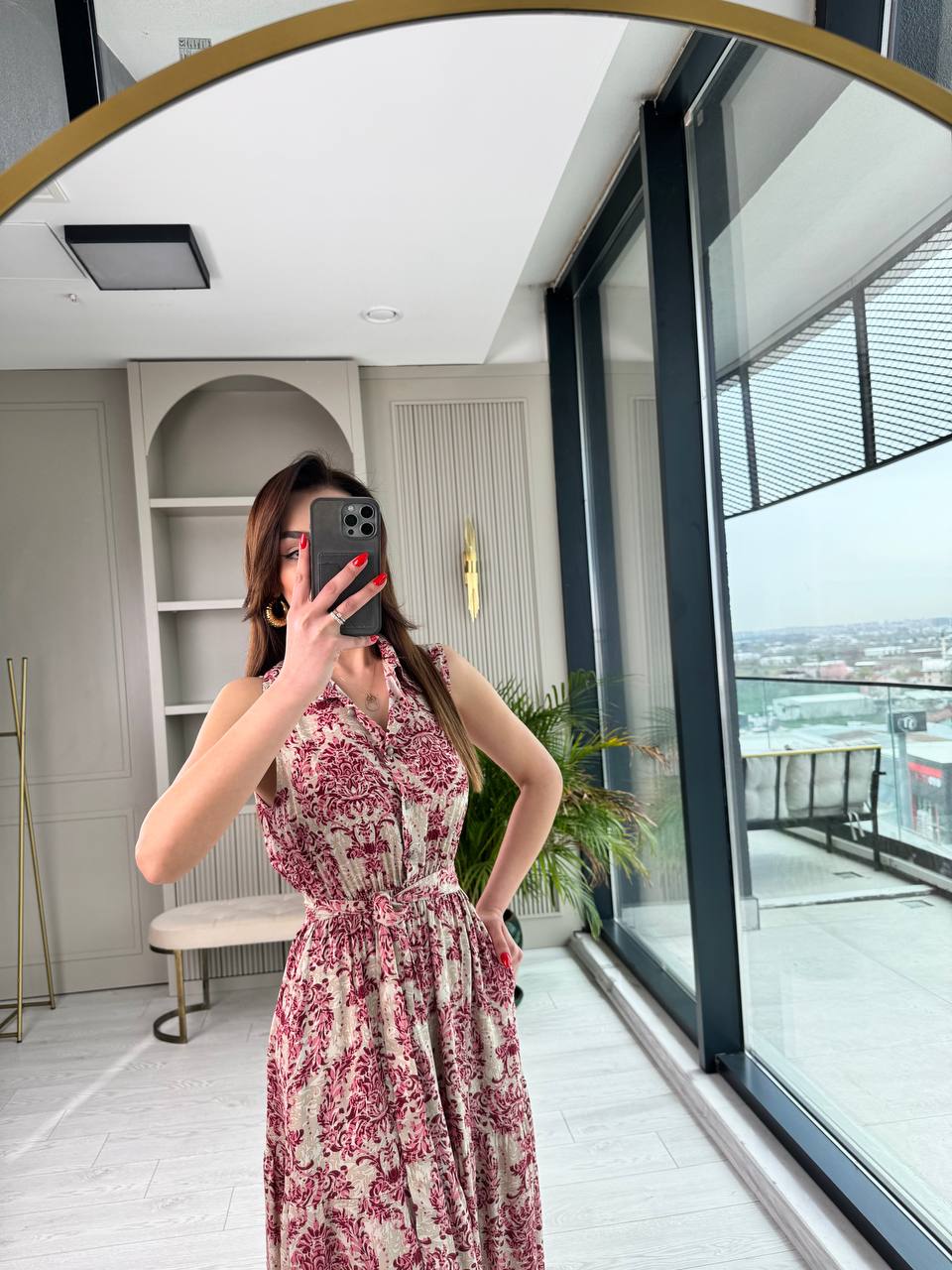Pembe%20Desenli%20Beli%20Lastikli%20Cepli%20Pamuklu%20Viskon%20Kumaş%20Elbise