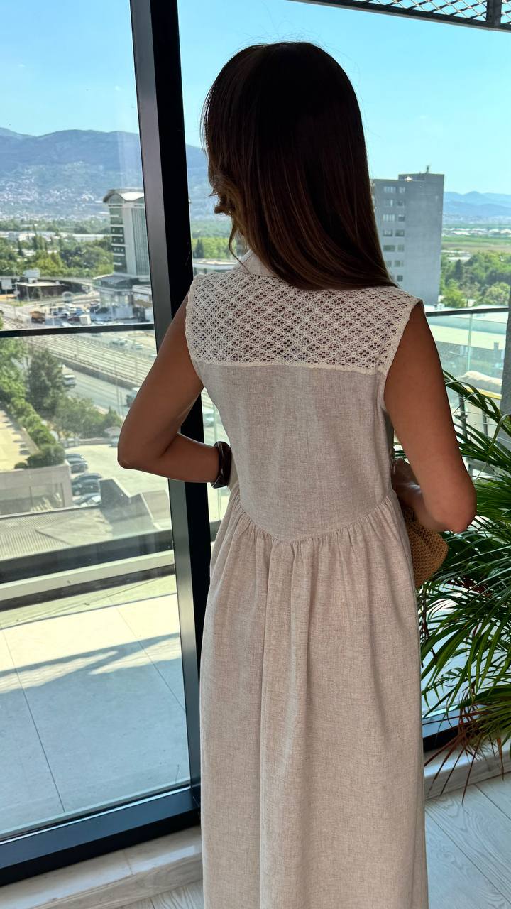 Deniz%20Kabuğu%20Detaylı%20Natural%20Bej%20Lüks%20Keten%20Elbise