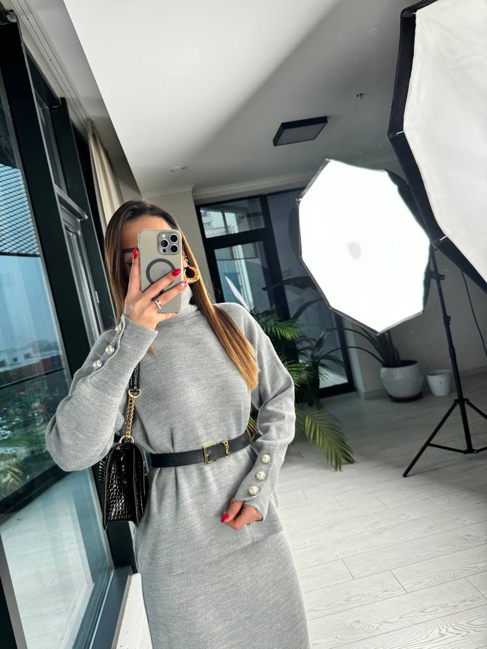 Lüks%20Kalite%20Gri%20%20inci%20Detaylı%20Triko%20Etek%20Takım