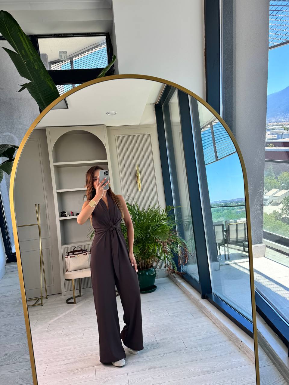 Tasarım%20Kahverengi%20Zara%20Krep%20Kumaş%20Bağlamalı%20Tulum