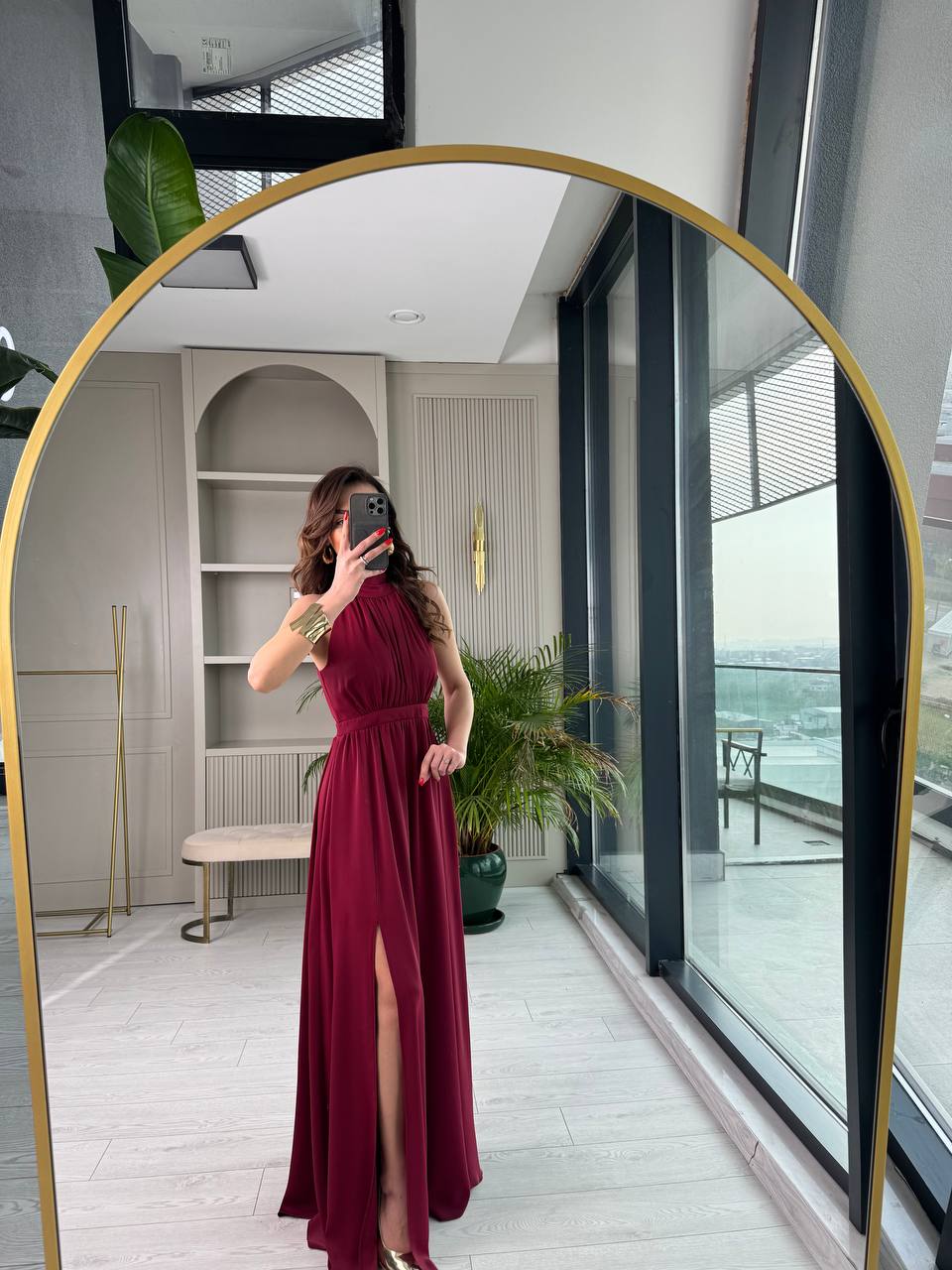 Bordo%20Tasarım%20Halter%20Yaka%20Kloş%20Elbise