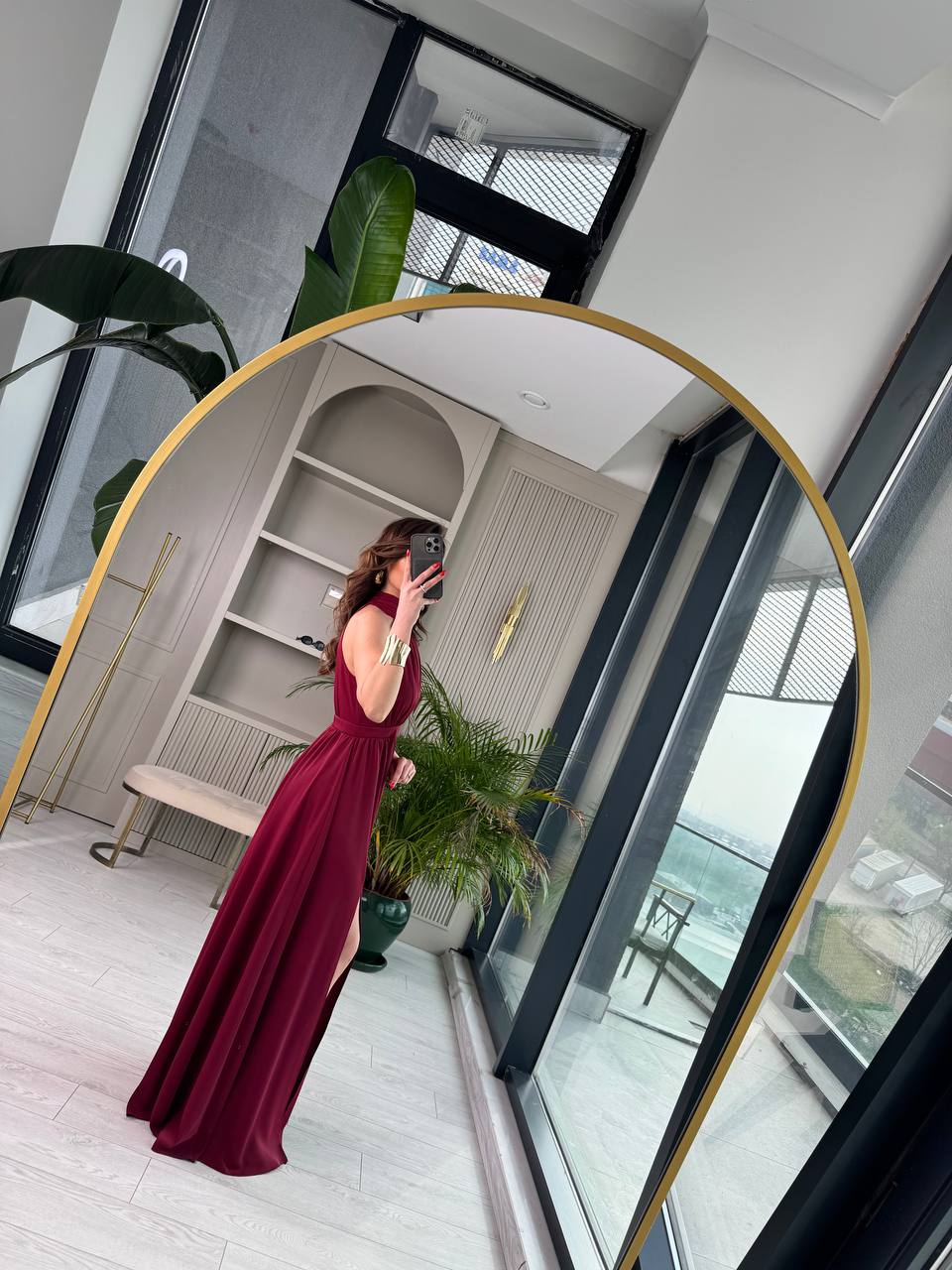 Bordo%20Tasarım%20Halter%20Yaka%20Kloş%20Elbise