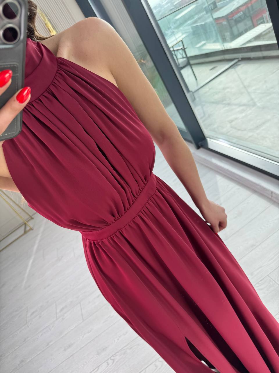 Bordo%20Tasarım%20Halter%20Yaka%20Kloş%20Elbise