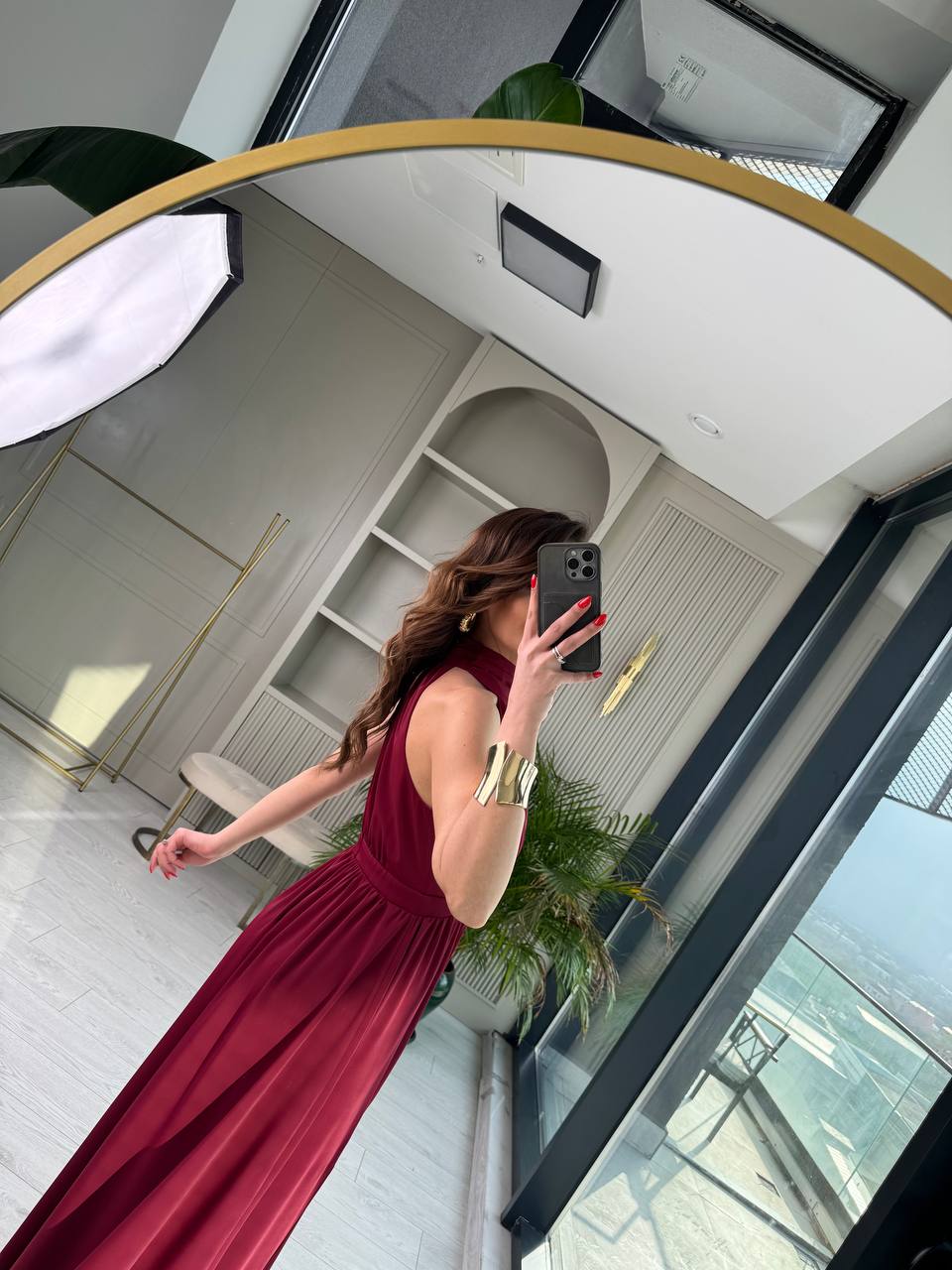 Bordo%20Tasarım%20Halter%20Yaka%20Kloş%20Elbise