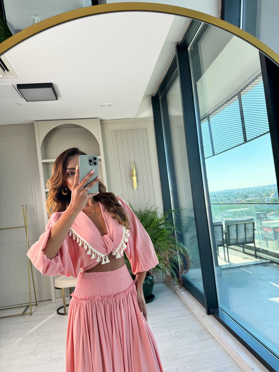 Pudra%20Pamuklu%20Boncuk%20Detaylı%20Etek%20Bluz%20Takım