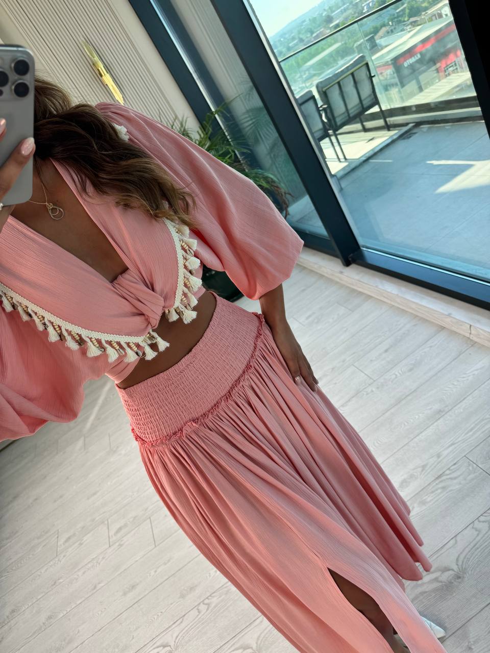 Pudra%20Pamuklu%20Boncuk%20Detaylı%20Etek%20Bluz%20Takım