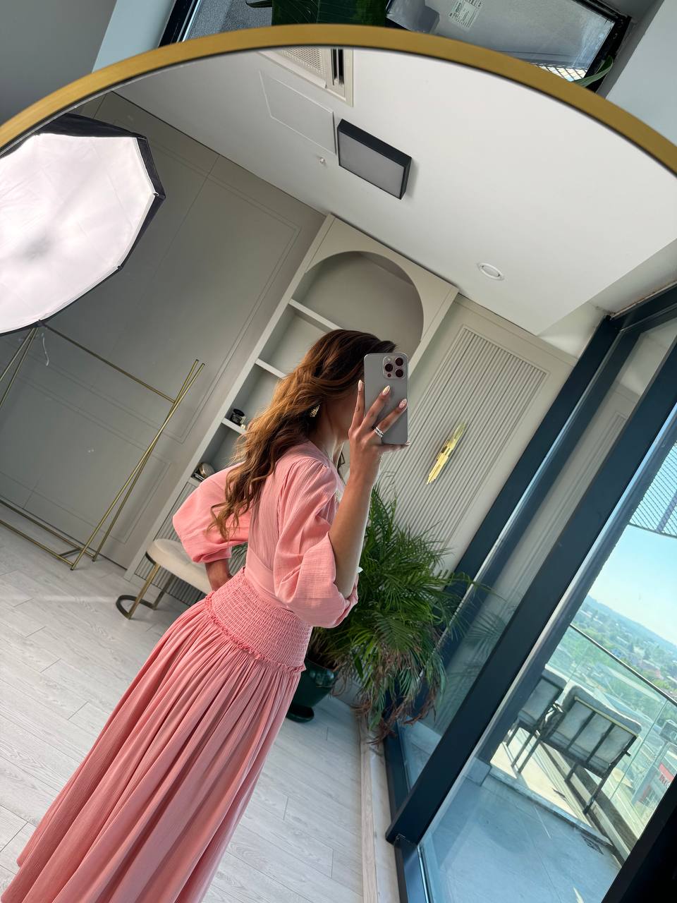 Pudra%20Pamuklu%20Boncuk%20Detaylı%20Etek%20Bluz%20Takım