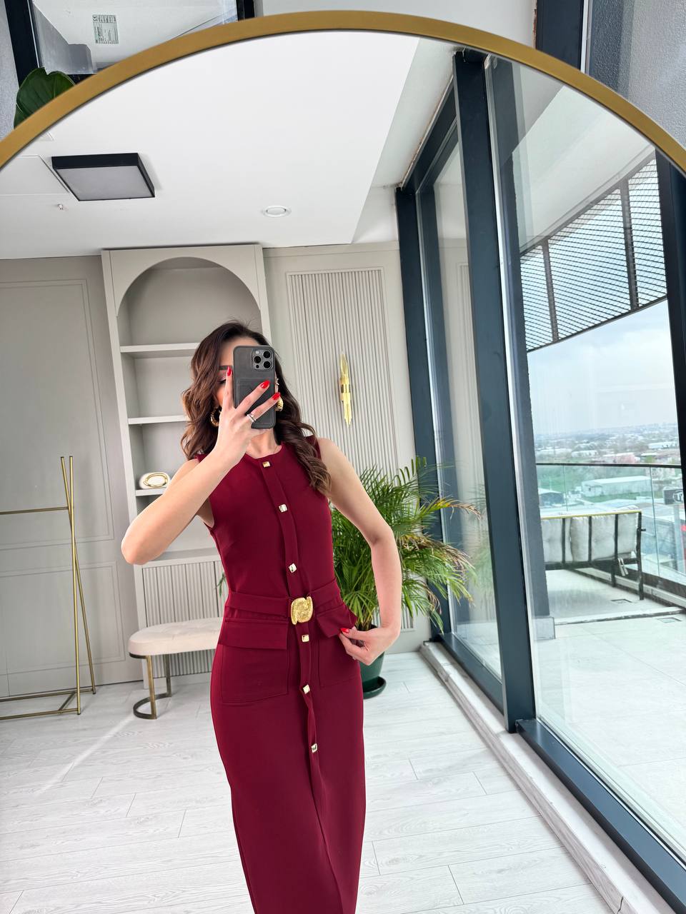 Bordo%20Zara%20Model%20Gold%20Metal%20Süs%20Düğmeli%20Kalem%20Elbise