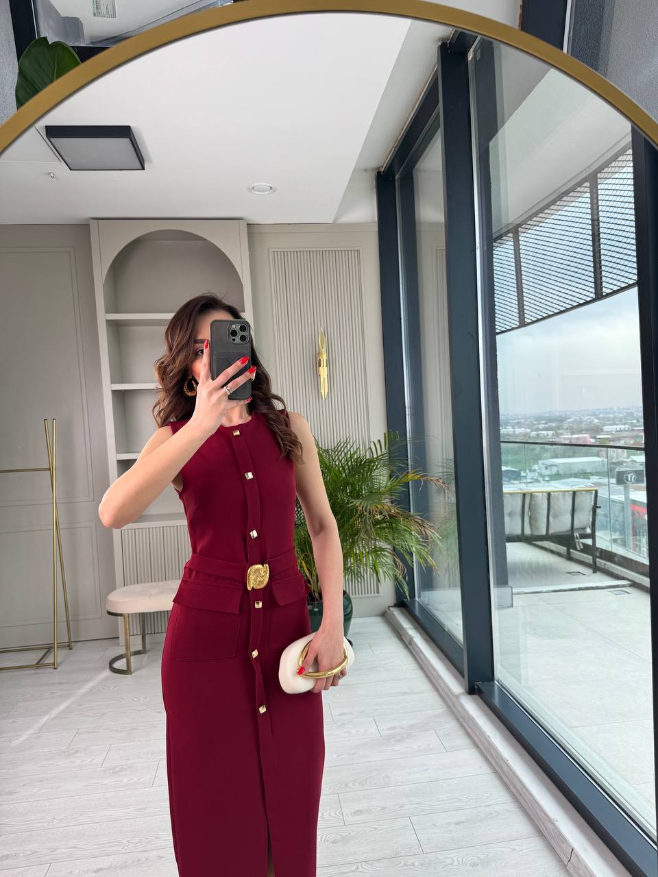 Bordo%20Zara%20Model%20Gold%20Metal%20Süs%20Düğmeli%20Kalem%20Elbise