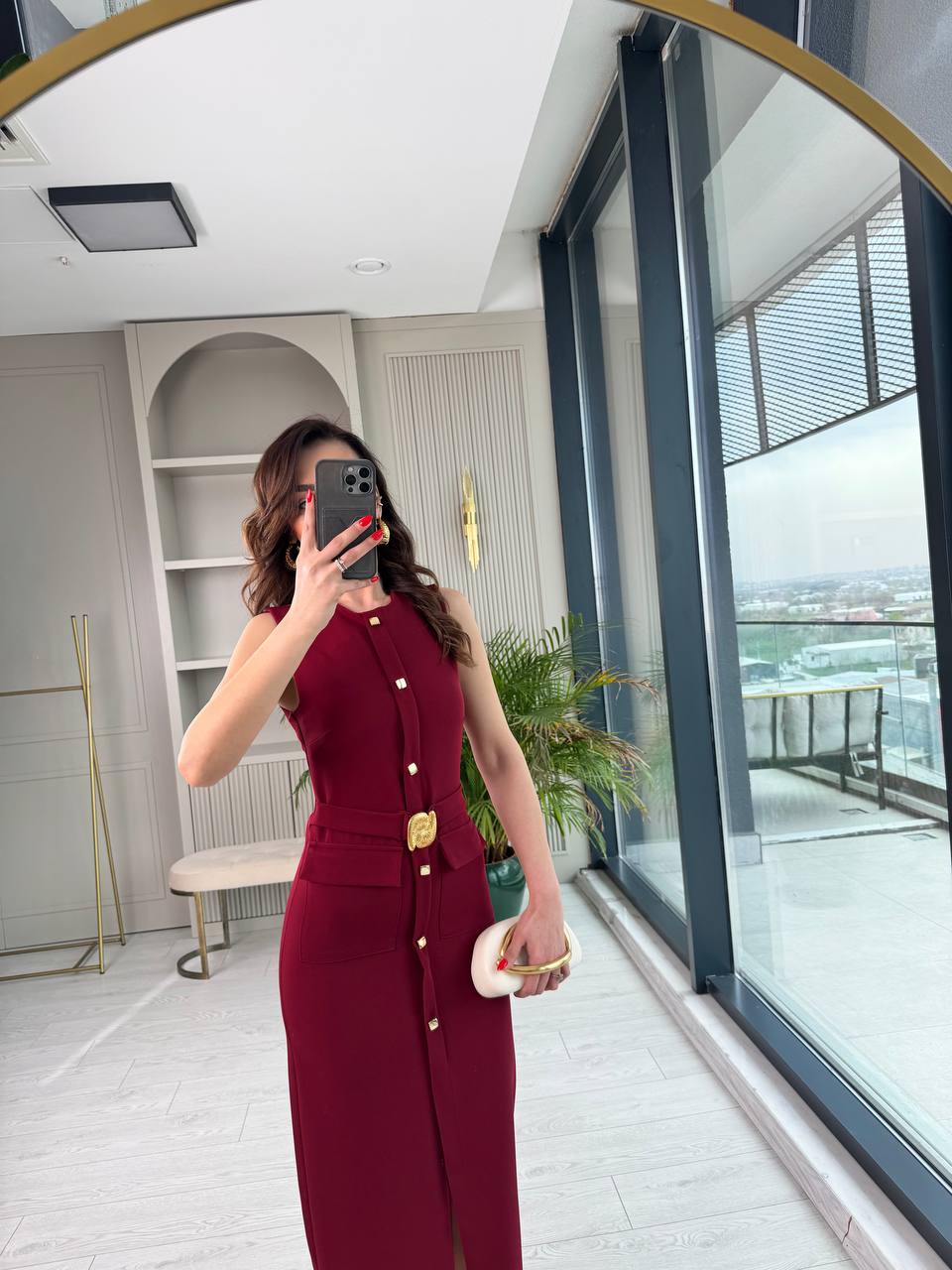 Bordo%20Zara%20Model%20Gold%20Metal%20Süs%20Düğmeli%20Kalem%20Elbise