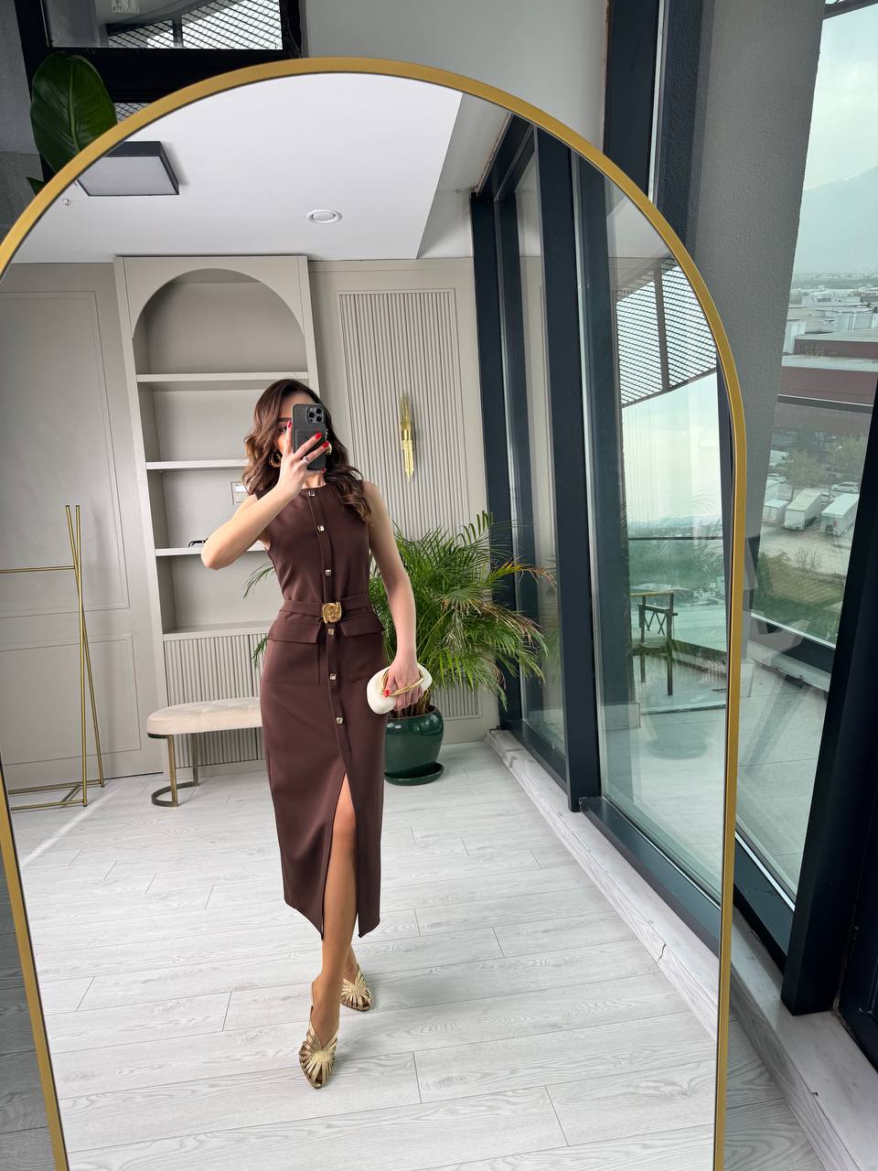 Kahverengi%20Zara%20Model%20Gold%20Metal%20Süs%20Düğmeli%20Kalem%20Elbise