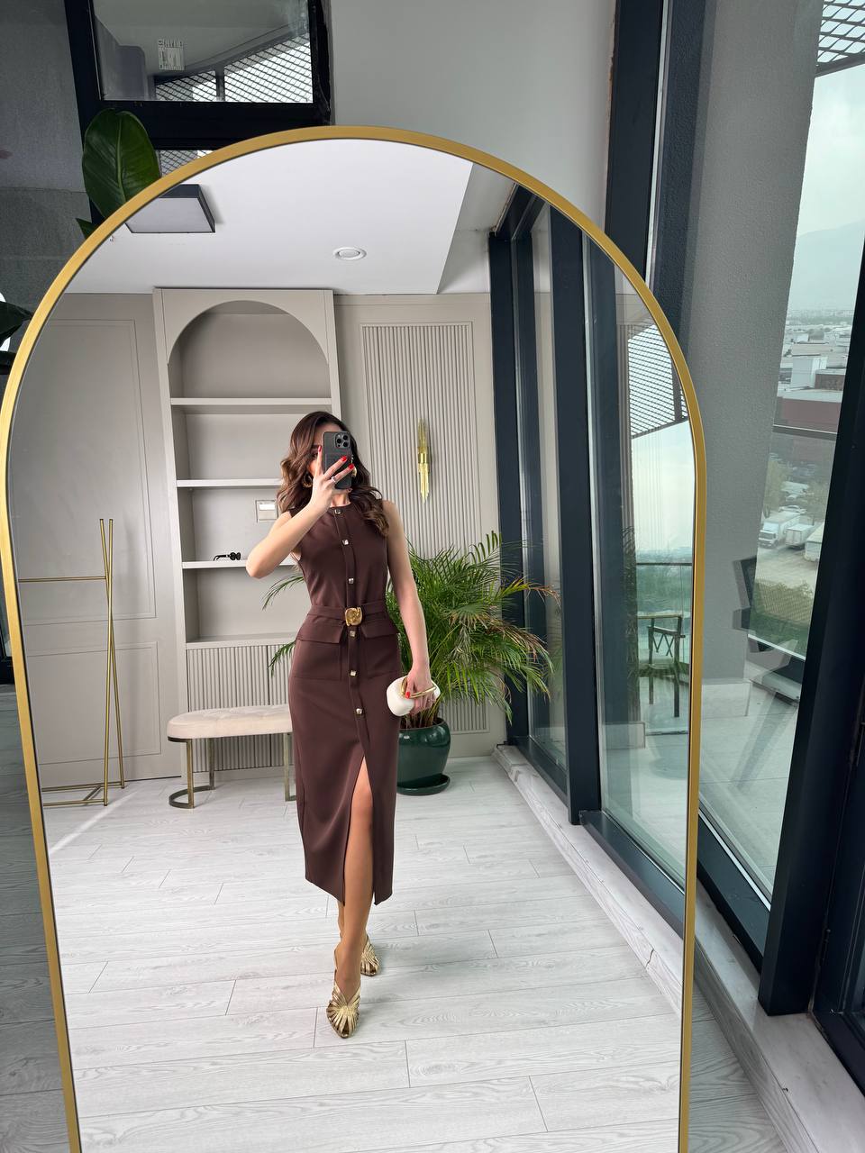 Kahverengi%20Zara%20Model%20Gold%20Metal%20Süs%20Düğmeli%20Kalem%20Elbise