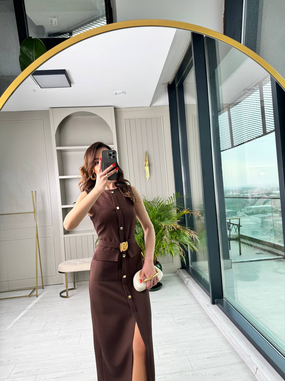 Kahverengi%20Zara%20Model%20Gold%20Metal%20Süs%20Düğmeli%20Kalem%20Elbise