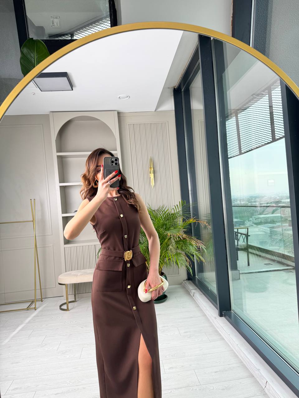 Kahverengi%20Zara%20Model%20Gold%20Metal%20Süs%20Düğmeli%20Kalem%20Elbise