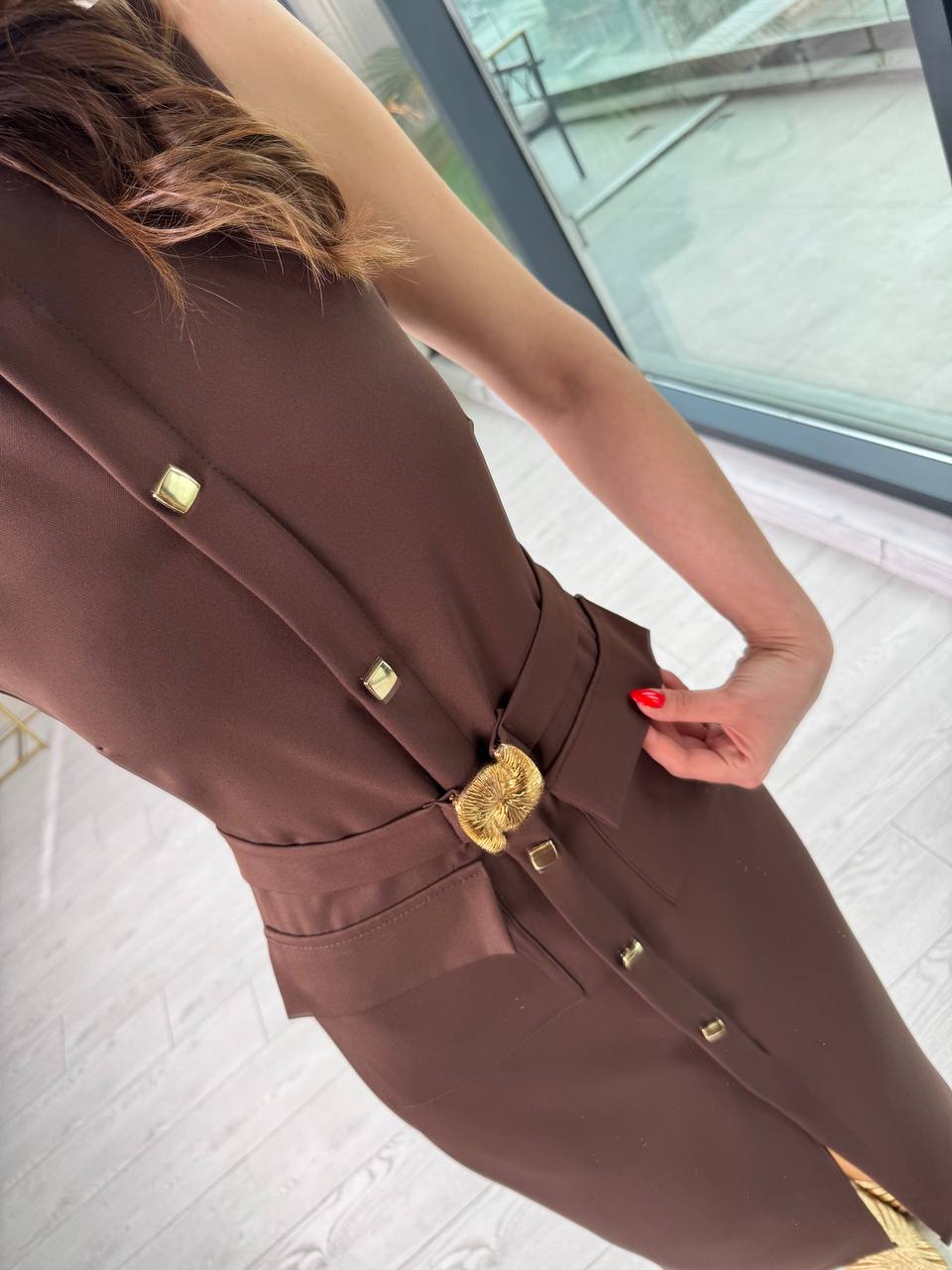 Kahverengi%20Zara%20Model%20Gold%20Metal%20Süs%20Düğmeli%20Kalem%20Elbise