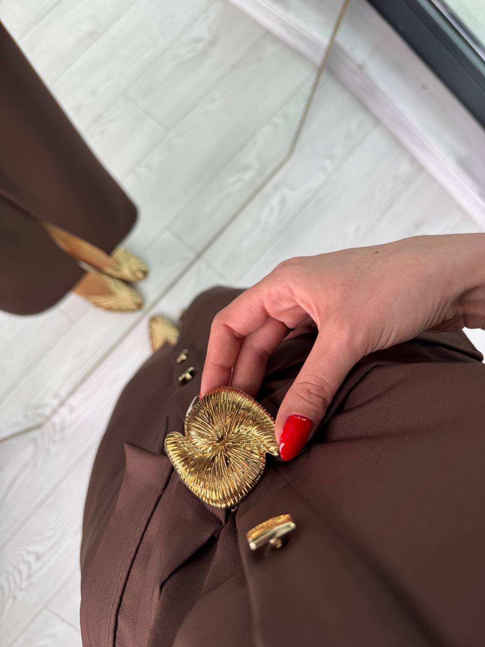 Kahverengi%20Zara%20Model%20Gold%20Metal%20Süs%20Düğmeli%20Kalem%20Elbise