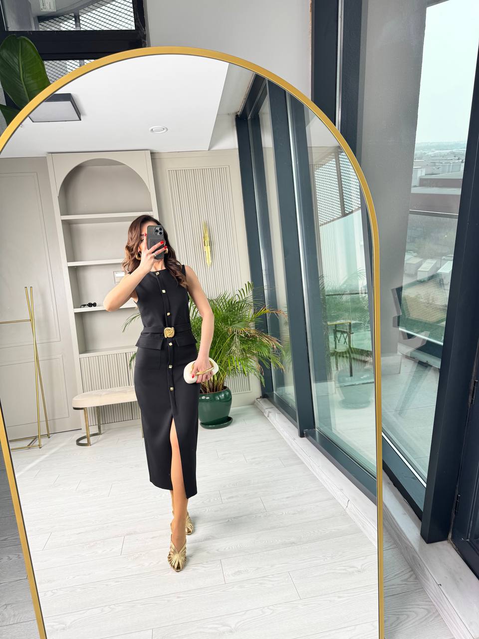 Siyah%20Zara%20Model%20Gold%20Metal%20Süs%20Düğmeli%20Kalem%20Elbise