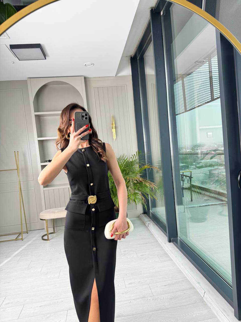 Siyah%20Zara%20Model%20Gold%20Metal%20Süs%20Düğmeli%20Kalem%20Elbise