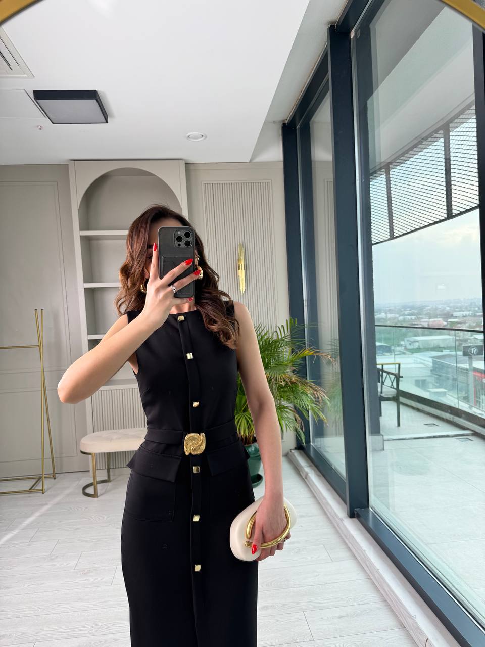 Siyah%20Zara%20Model%20Gold%20Metal%20Süs%20Düğmeli%20Kalem%20Elbise