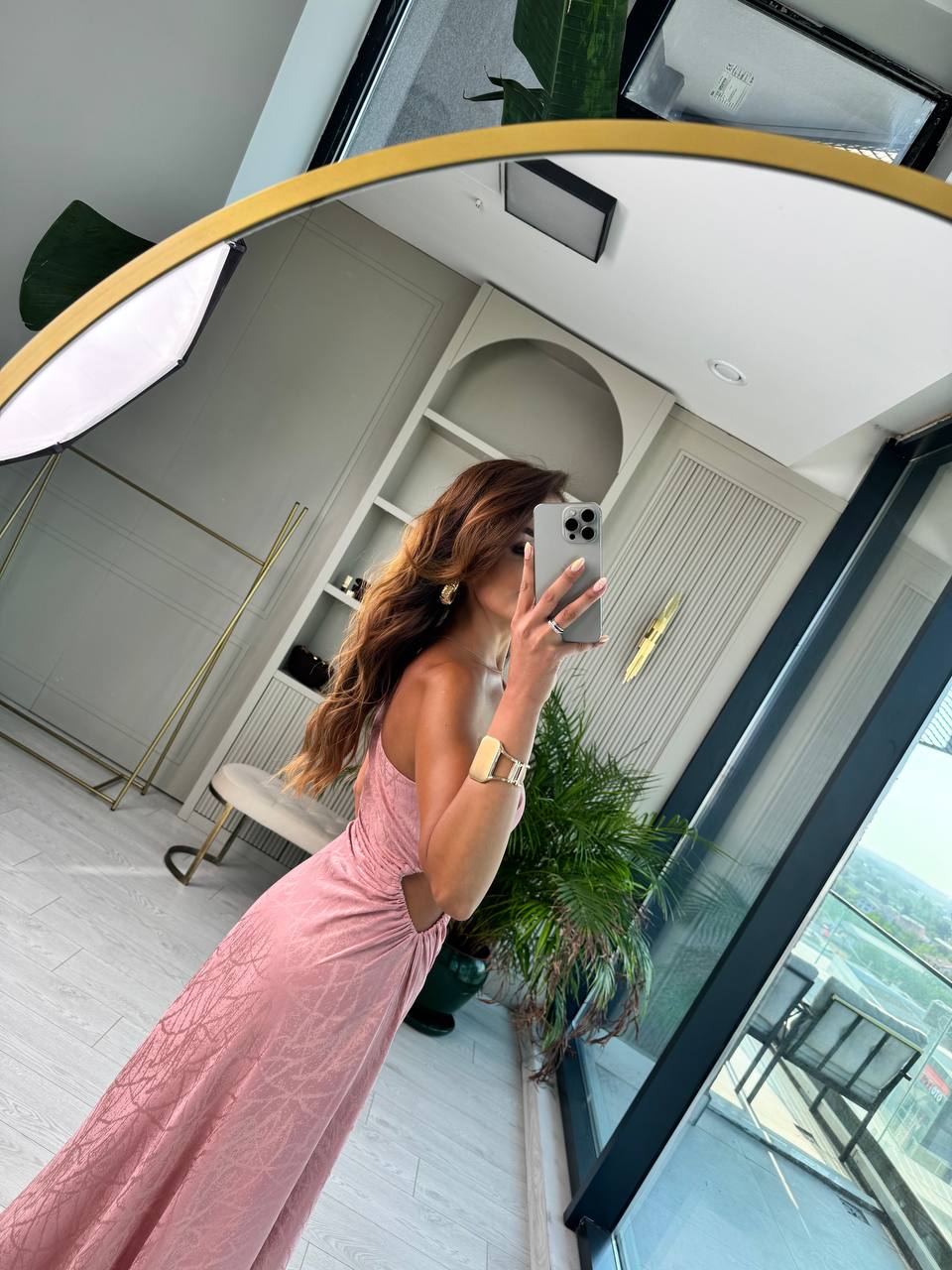 Tasarım%20Pudra%20Jakarlı%20Saten%20Bel%20Detay%20Elbise