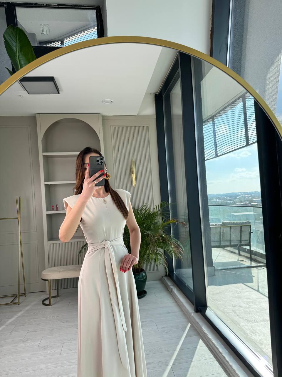 Bej%20Bel%20Kuşaklı%20Tensel%20Kumaş%20Midi%20Boy%20Elbise