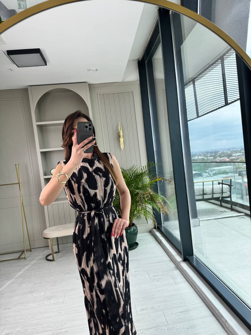 Siyah%20Desenli%20İnce%20Piliseli%20Astarlı%20Premium%20Şifon%20Elbise