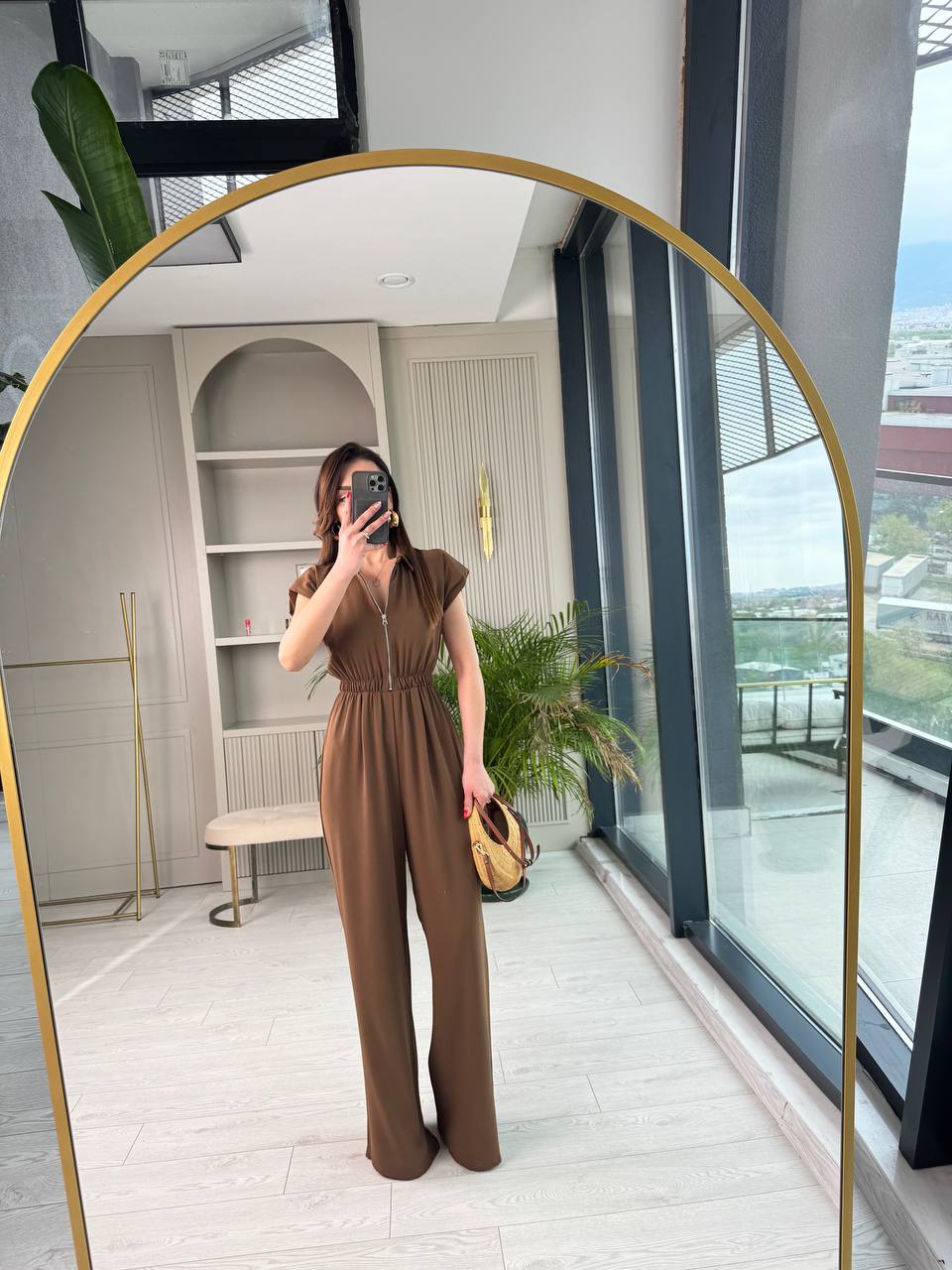 Kahverengi%20Beli%20Lastikli%20Fermuarlı%20Tensel%20Kumaş%20Tulum