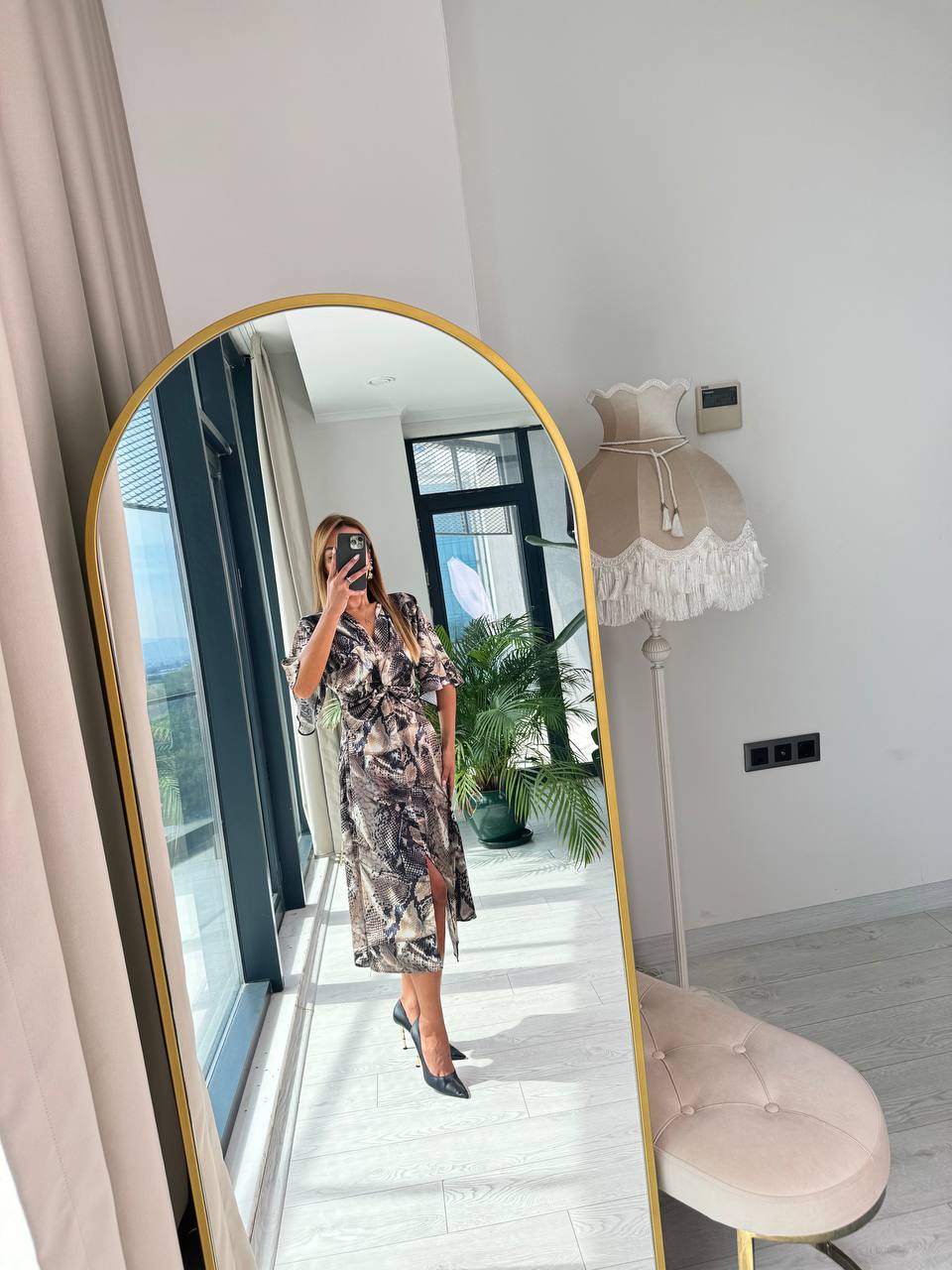 Yılan%20Desen%20Bel%20Düğüm%20Premium%20Tok%20Saten%20Elbise