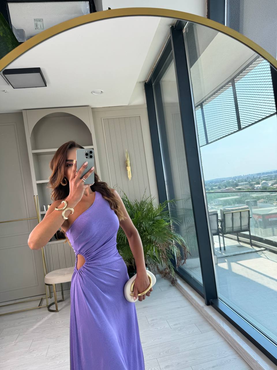 Tasarım%20Lila%20Jakarlı%20Saten%20Bel%20Detay%20Elbise