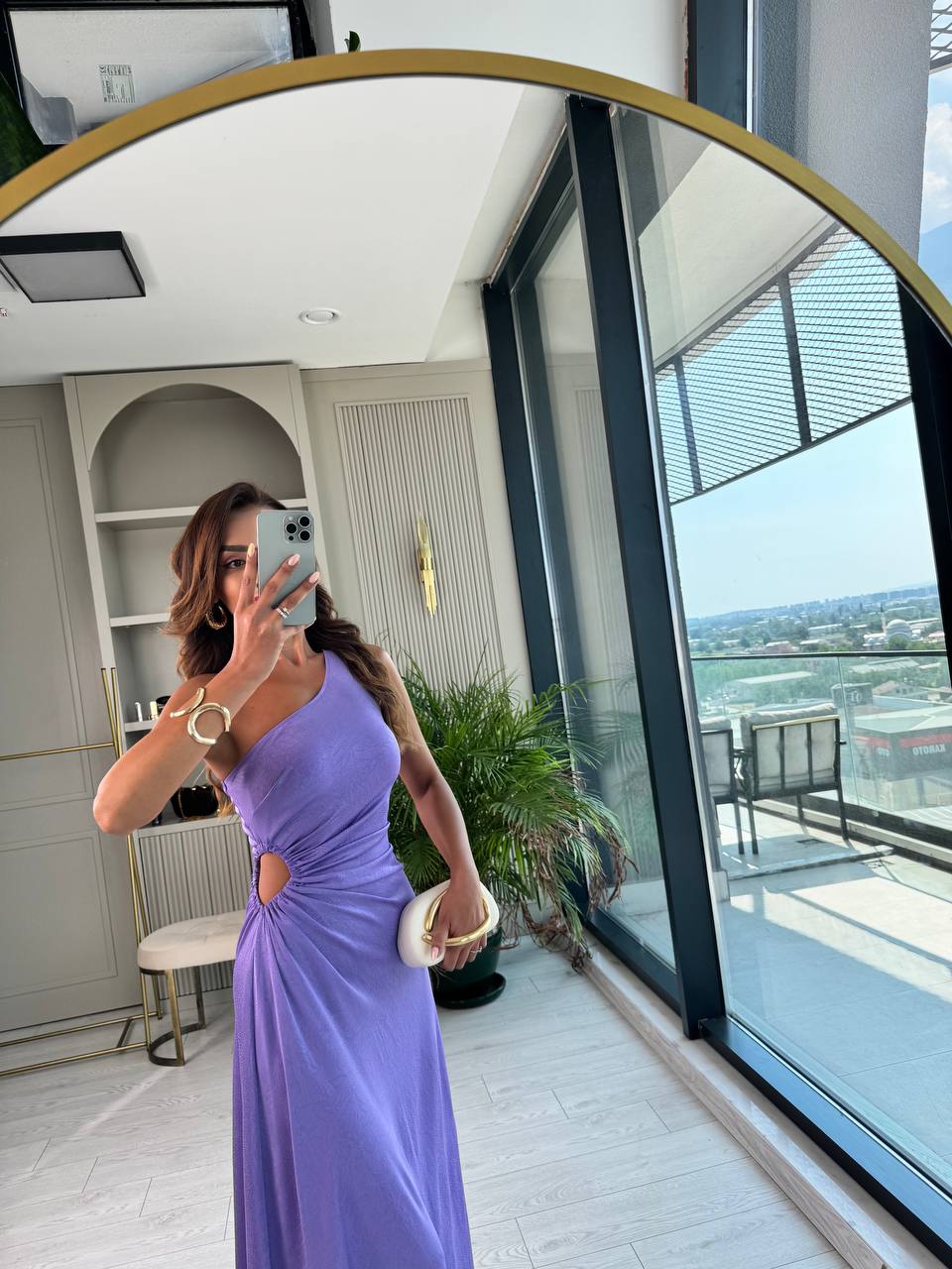 Tasarım%20Lila%20Jakarlı%20Saten%20Bel%20Detay%20Elbise