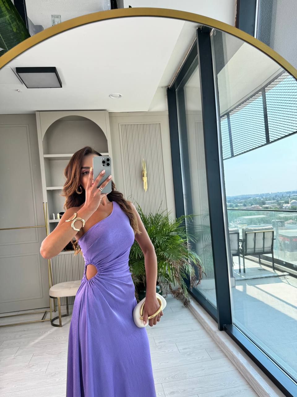 Tasarım%20Lila%20Jakarlı%20Saten%20Bel%20Detay%20Elbise