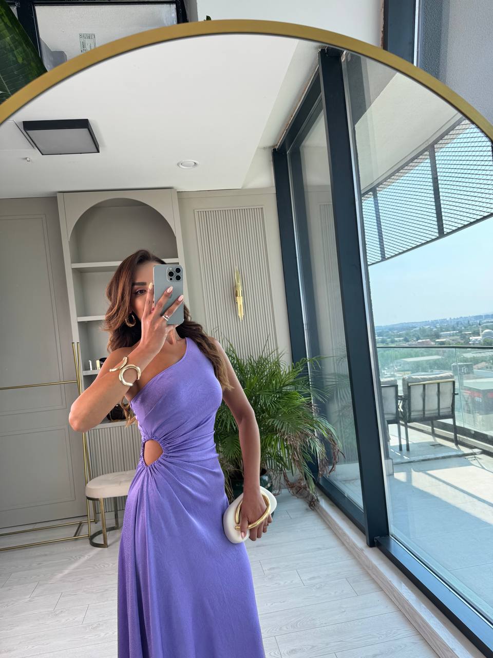 Tasarım%20Lila%20Jakarlı%20Saten%20Bel%20Detay%20Elbise