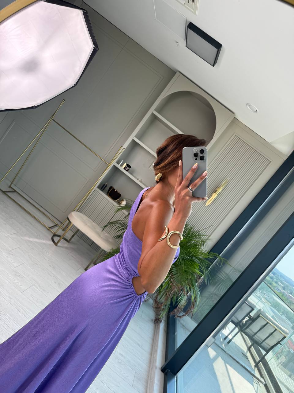 Tasarım%20Lila%20Jakarlı%20Saten%20Bel%20Detay%20Elbise