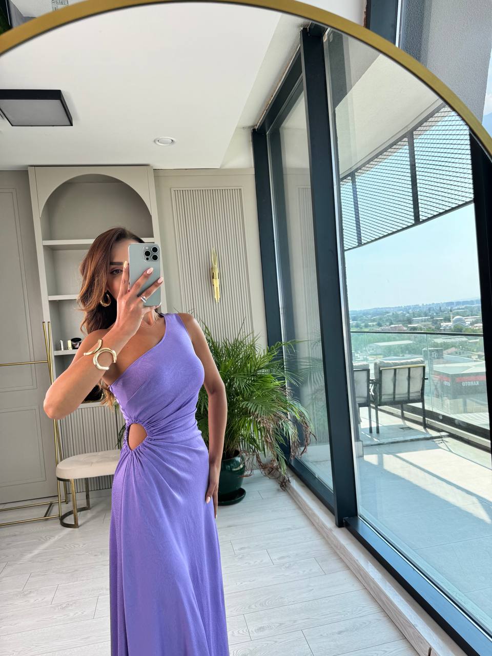 Tasarım%20Lila%20Jakarlı%20Saten%20Bel%20Detay%20Elbise