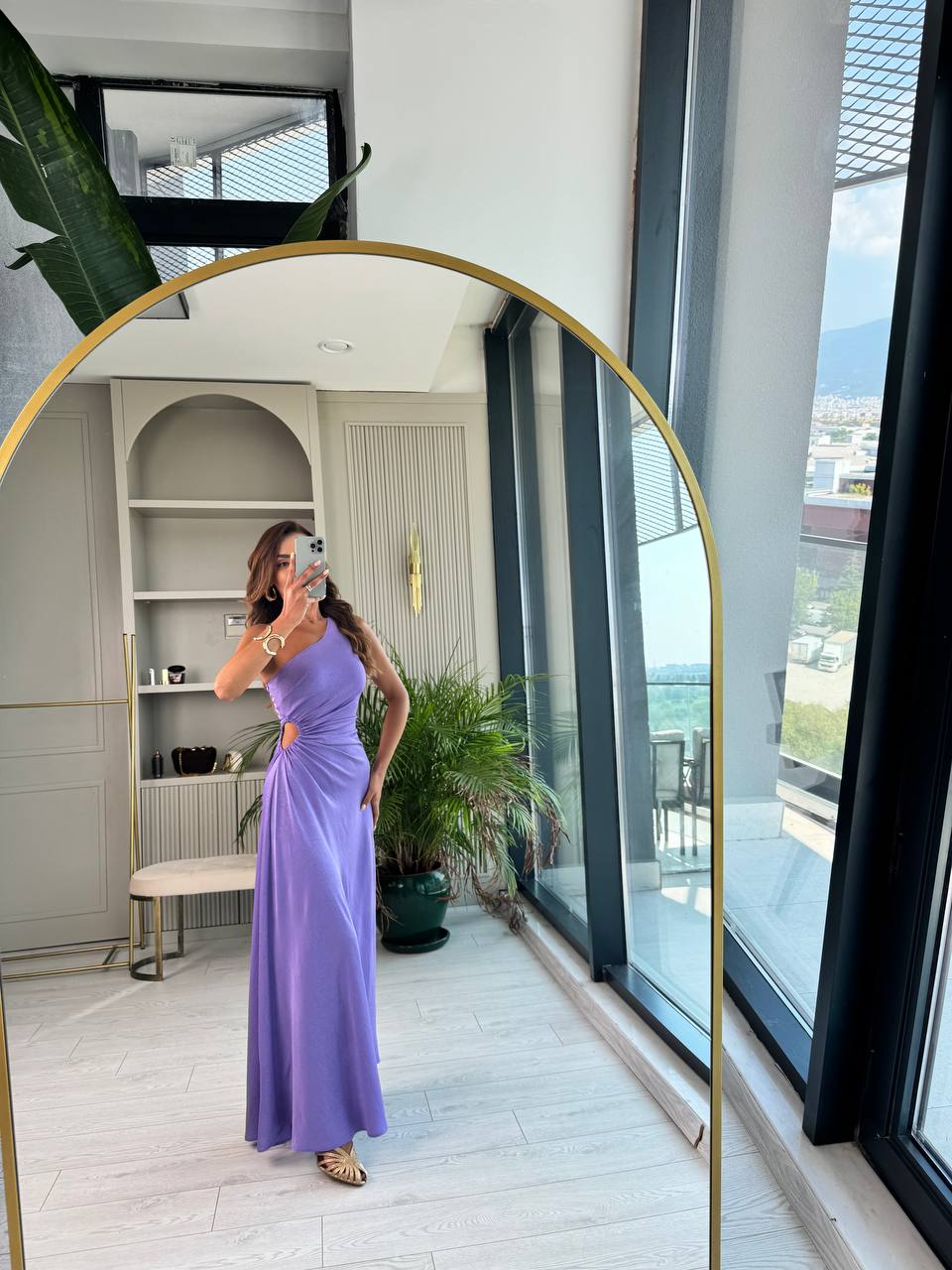 Tasarım%20Lila%20Jakarlı%20Saten%20Bel%20Detay%20Elbise