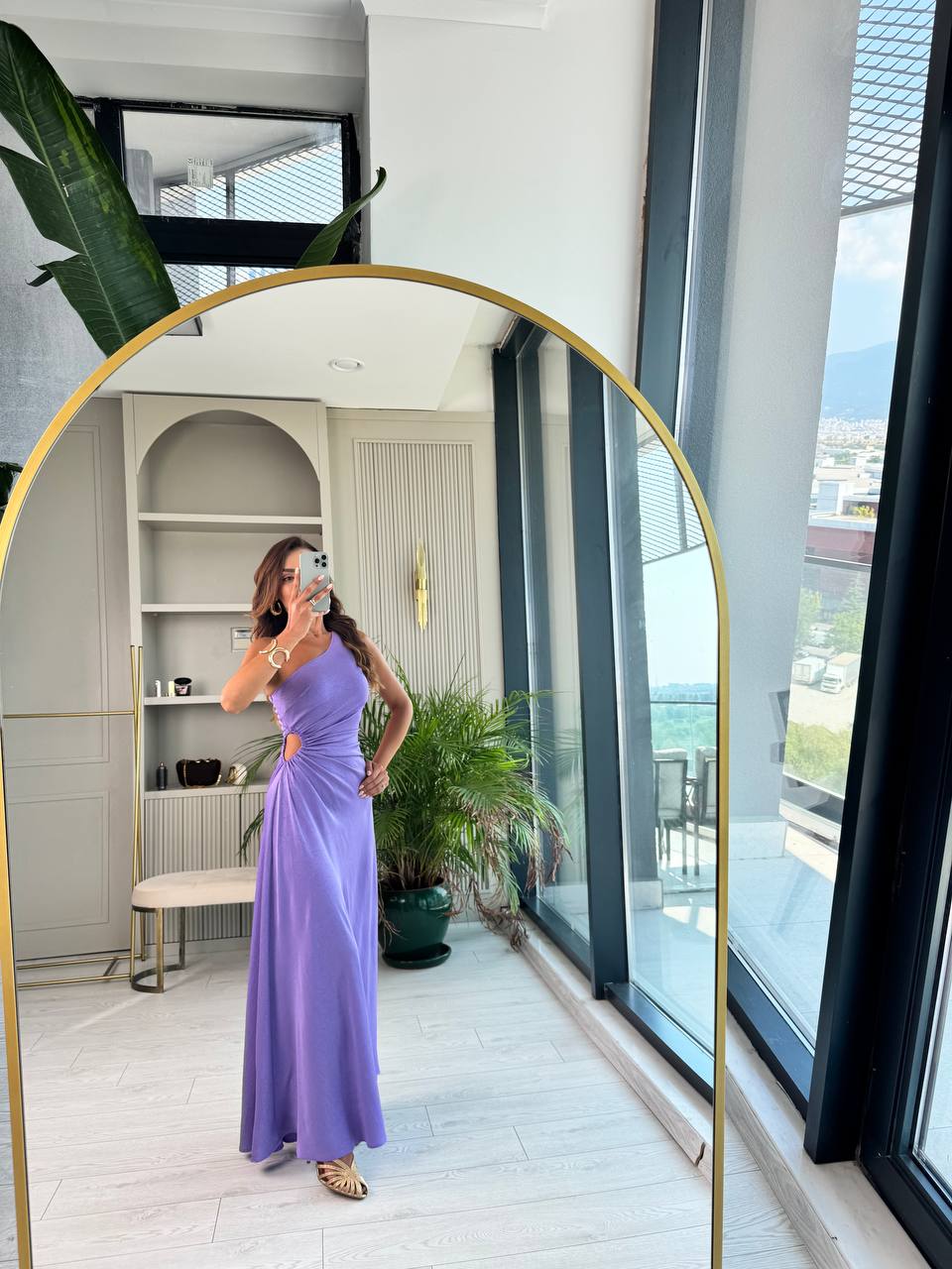 Tasarım%20Lila%20Jakarlı%20Saten%20Bel%20Detay%20Elbise