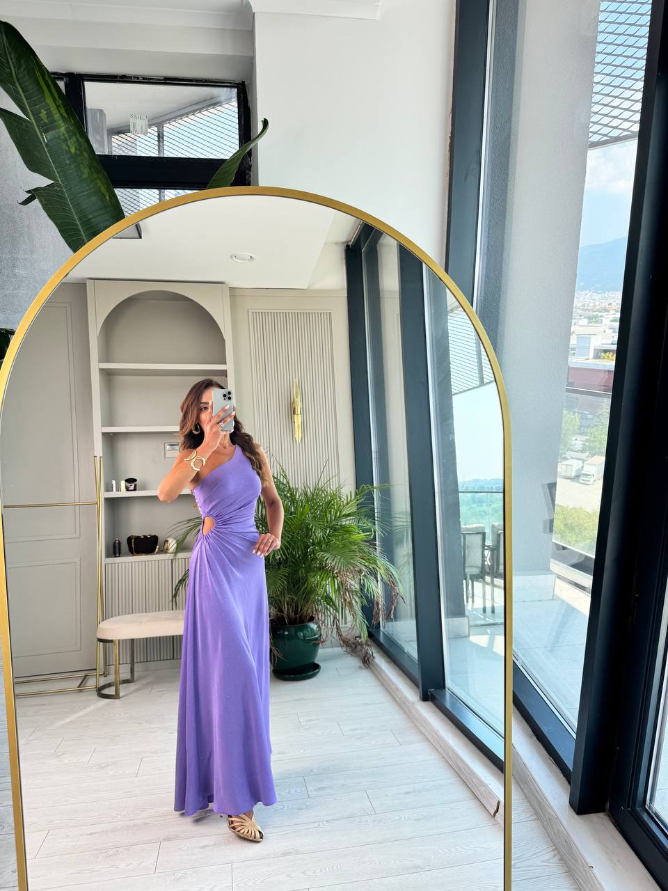 Tasarım%20Lila%20Jakarlı%20Saten%20Bel%20Detay%20Elbise