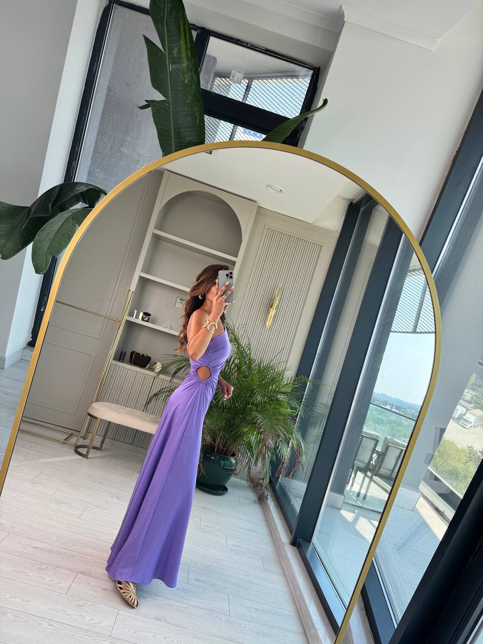 Tasarım%20Lila%20Jakarlı%20Saten%20Bel%20Detay%20Elbise