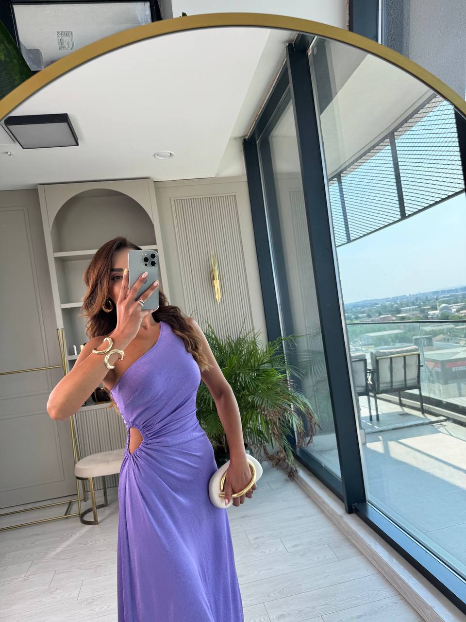 Tasarım%20Lila%20Jakarlı%20Saten%20Bel%20Detay%20Elbise