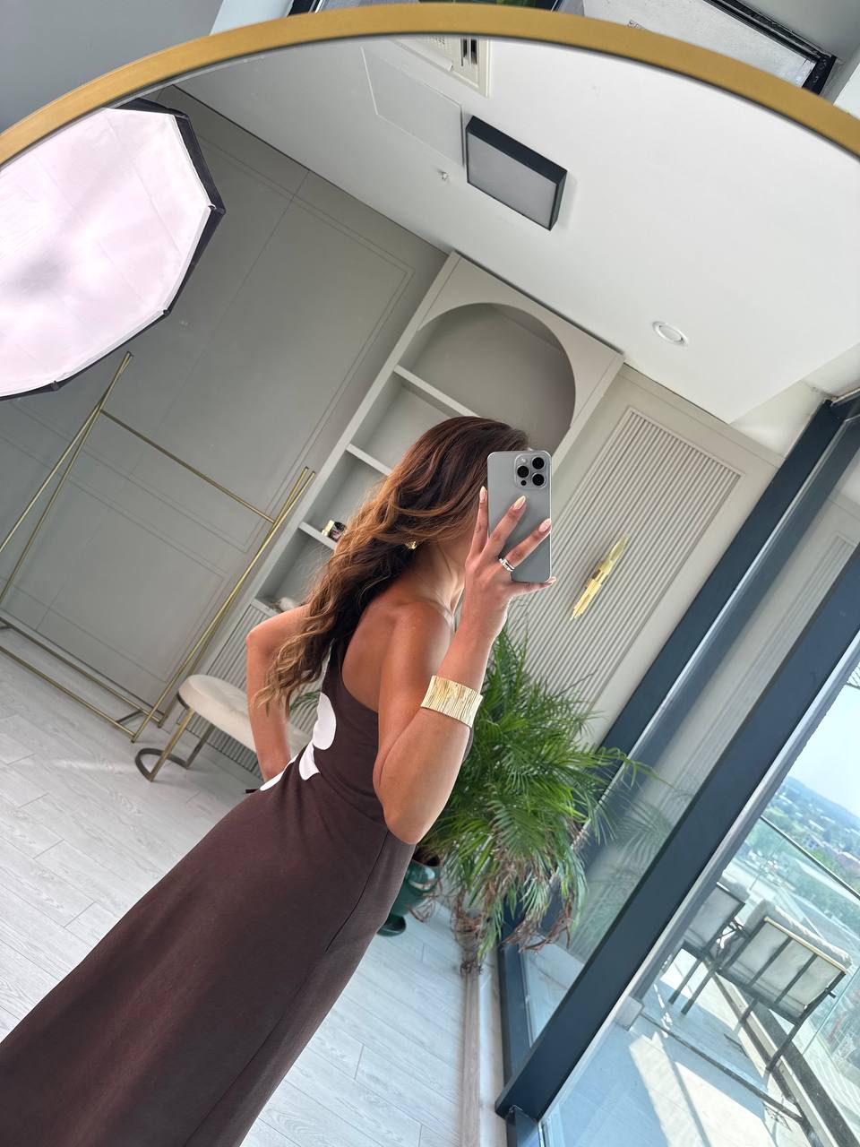 Kahverengi%20Çiçekli%20Bel%20Detay%20Astarlı%20Tok%20Keten%20Elbise